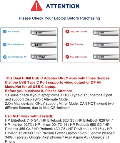 محول HDMI مزدوج لشاشتين، محطة إرساء شاشة مزدوجة، موزع HDMI للشاشات المزدوجة، تمديد العرض، محول USB C إلى HDMI مزدوج، محول شاشة مزدوج لأجهزة الكمبيوتر المحمولة من النوع C in Kuwait