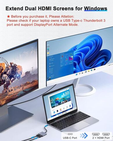 محول HDMI مزدوج لشاشتين، محطة إرساء شاشة مزدوجة، موزع HDMI للشاشات المزدوجة، تمديد العرض، محول USB C إلى HDMI مزدوج، محول شاشة مزدوج لأجهزة الكمبيوتر المحمولة من النوع C in Kuwait
