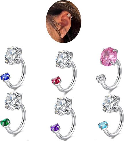 6 Pcs 16G Hypoallergenic 316L Stainless Steel Horseshoe Nose Ring Hoop,Septum Ring, Double Head Internal Threaded Cubic Zirconia Cartilage Earrings Hoops, Eyebrow, Lip, Helix Piercing Jewelry for Men Women in Kuwait