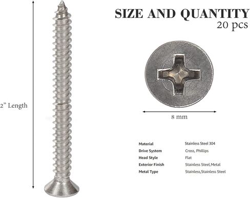 Hession Wood Screws Stainless Steel 304 Flat Head Phillips Drive Self Tapping Screw for Sheet Metal Thread Sharp Point 20pcs Pack (#8 x 1-1/4 inch) in Saudi Arabia