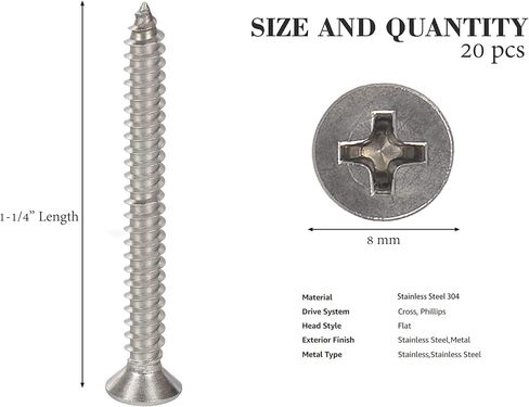 Hession Wood Screws Stainless Steel 304 Flat Head Phillips Drive Self Tapping Screw for Sheet Metal Thread Sharp Point 20pcs Pack (#8 x 1-1/4 inch) in Saudi Arabia