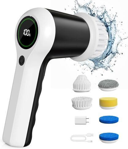 Electric Spin Scrubber, Cordless Shower Scrubber with Battery Level Display, 2 Speeds Electric Scrubber for Cleaning with 6 Replaceable Heads, Electric Cleaning Brush for Bathroom//Sink/Window in Saudi Arabia