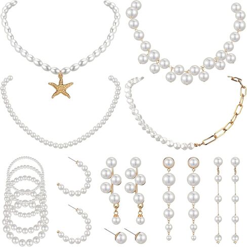 14 Pcs Pearl Chunky Jewelry Set for Women Girls Large Pearl Necklace Bracelet Earrings Set Women's Wedding Pearl Jewelry Set for Costume Accessories Birthday Tea Party Gift in Saudi Arabia