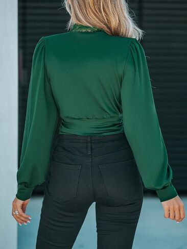 CUPSHE Women's Plunge V-neck Lace Trim Long Sleeve Bodysuit Party Shirred Bottoming Blouse Tops in Kuwait