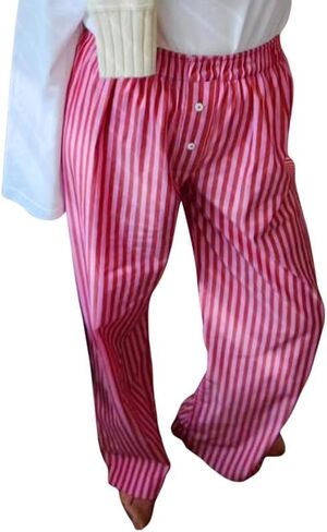 Seyurigaoka Y2K مخطط بيجامة السراويل للنساء لطيف واسعة الساق مقلمة النوم Pj قيعان Preppy بنطلون طويل وواسع بنطلون in Kuwait