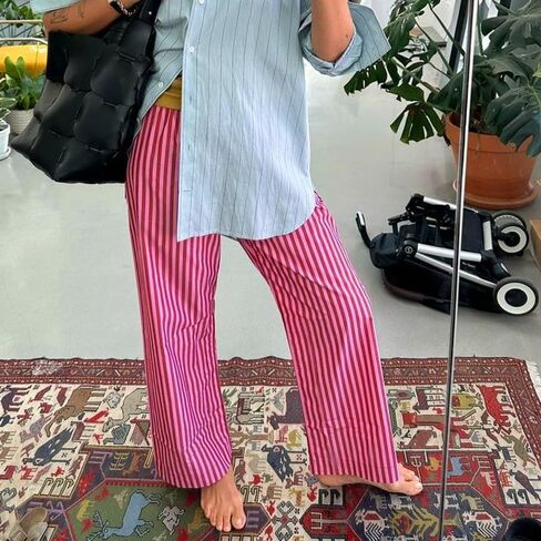 Seyurigaoka Y2K مخطط بيجامة السراويل للنساء لطيف واسعة الساق مقلمة النوم Pj قيعان Preppy بنطلون طويل وواسع بنطلون in Kuwait