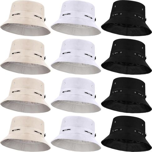 Didaey 12 Pcs Bucket Hat Summer Adjustable UV Protection Hat Bulk Wide Brim with Strings for Beach Camping Hiking in Kuwait