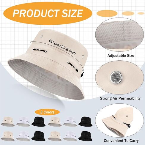 Didaey 12 Pcs Bucket Hat Summer Adjustable UV Protection Hat Bulk Wide Brim with Strings for Beach Camping Hiking in Kuwait