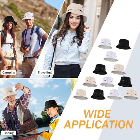 Didaey 12 Pcs Bucket Hat Summer Adjustable UV Protection Hat Bulk Wide Brim with Strings for Beach Camping Hiking in Kuwait