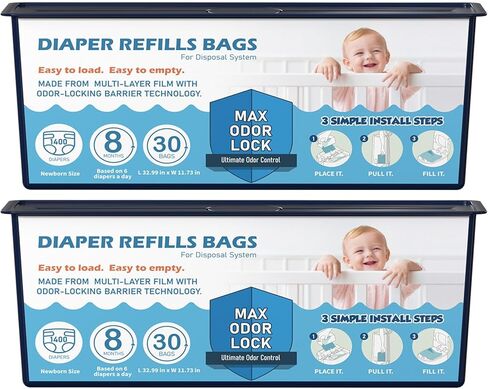 Diaper Pail Refills Bags with 30 Bags Compatible with Genie Easy Roll Signature Diaper Pails, Lasts Up to 8 Months, 7-Layer Odor-Barrier Technology, 2-Pack (60 Bags) in Kuwait