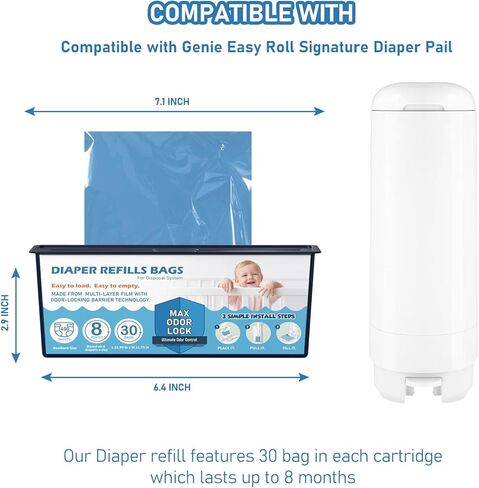 Diaper Pail Refills Bags with 30 Bags Compatible with Genie Easy Roll Signature Diaper Pails, Lasts Up to 8 Months, 7-Layer Odor-Barrier Technology, 2-Pack (60 Bags) in Kuwait
