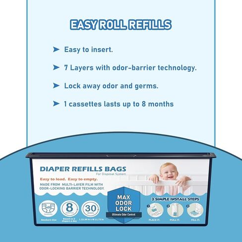 Diaper Pail Refills Bags with 30 Bags Compatible with Genie Easy Roll Signature Diaper Pails, Lasts Up to 8 Months, 7-Layer Odor-Barrier Technology, 2-Pack (60 Bags) in Kuwait