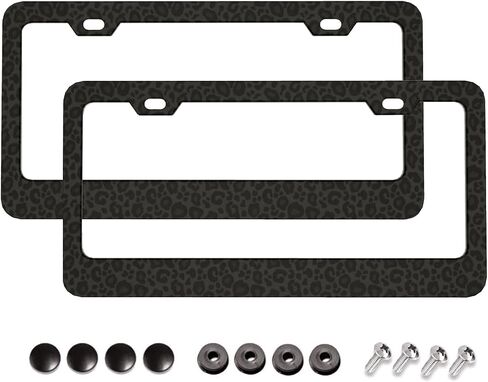 Leopard Print License Plate Frame 2 Packs Black Cheetah Aluminum Metal License Plate Holder, Weather Proof, Rust-Proof Universal Size in Saudi Arabia