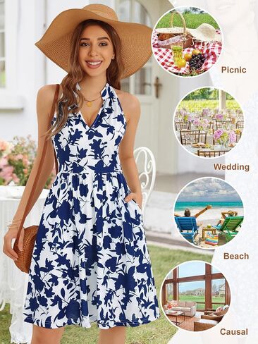 ZABERRY Women's Summer Halter Neck Sexy Sundresses with Pockets 2024 Midi Cute Floral Vacation Dress for Women Trendy in Saudi Arabia