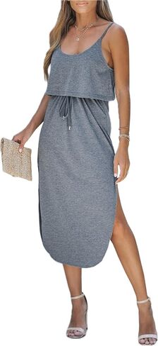 CUPSHE Women's Midi Dress Scoop Neck Ruffled Sleeveless Slit Drawstring Spaghetti Straps A Line Casual Dress in Saudi Arabia
