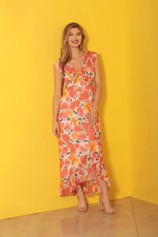 London Times Women's Chiffon Faux Wrap Ruffle Maxi Dress Guest of Wedding in Saudi Arabia