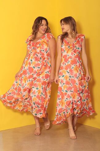 London Times Women's Chiffon Faux Wrap Ruffle Maxi Dress Guest of Wedding in Saudi Arabia