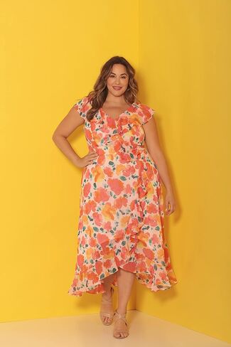 London Times Women's Chiffon Faux Wrap Ruffle Maxi Dress Guest of Wedding in Saudi Arabia