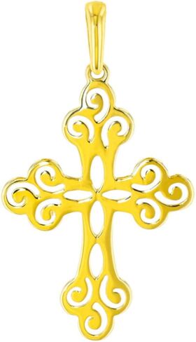 Solid 14k Yellow Gold Open Filigree Design Orthodox Cross Pendant (Medium) in Kuwait