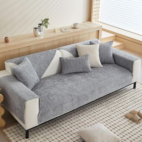 Luxury Stripe Jacquard Sofa Cover Super Soft Chenille Sectional Couch Cover Anti-Slip Washable Slipcovers Furniture Protector for Dogs Cats Pet (Cream,36"x82") in Saudi Arabia