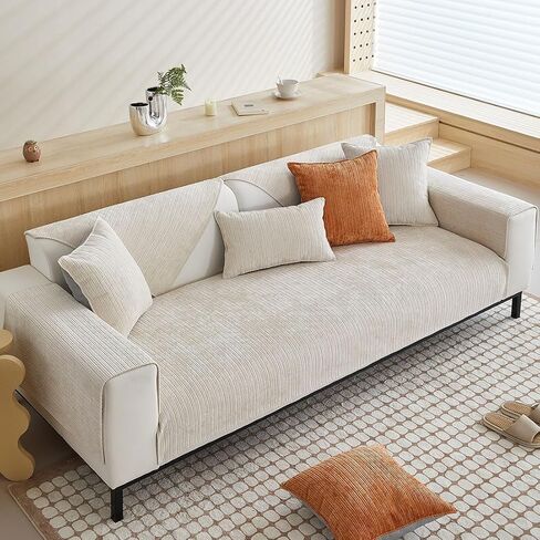 Luxury Stripe Jacquard Sofa Cover Super Soft Chenille Sectional Couch Cover Anti-Slip Washable Slipcovers Furniture Protector for Dogs Cats Pet (Cream,36"x82") in Saudi Arabia