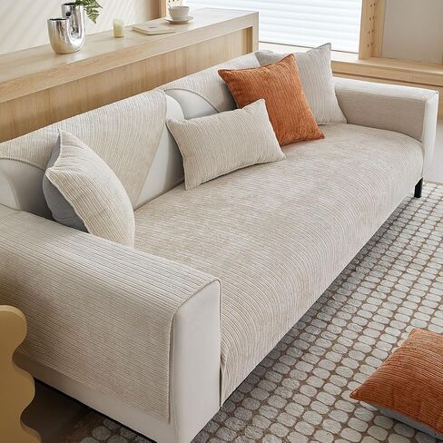 Luxury Stripe Jacquard Sofa Cover Super Soft Chenille Sectional Couch Cover Anti-Slip Washable Slipcovers Furniture Protector for Dogs Cats Pet (Cream,36"x82") in Saudi Arabia