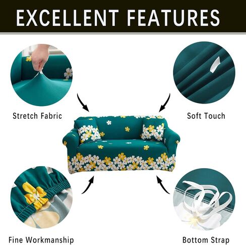 Qubjus Stretch Sofa Cover Printed Couch Cover Patterned with One Separate Cushion Cover Oversized for 4 Cushion Couches Sofas Washable Elastic Universal Furniture Protector(X-Large,Beige Flower) in Saudi Arabia