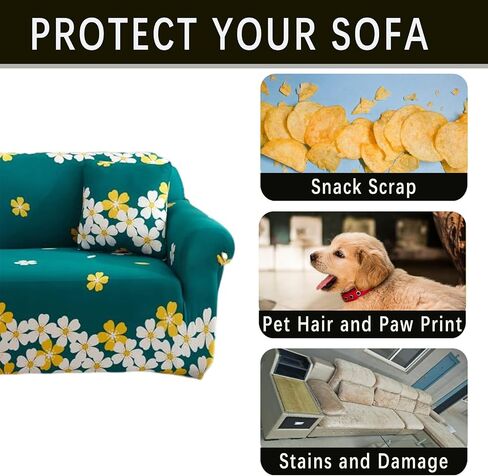 Qubjus Stretch Sofa Cover Printed Couch Cover Patterned with One Separate Cushion Cover Oversized for 4 Cushion Couches Sofas Washable Elastic Universal Furniture Protector(X-Large,Beige Flower) in Saudi Arabia