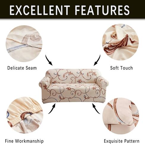 Qubjus Stretch Sofa Cover Printed Couch Cover Patterned with One Separate Cushion Cover Oversized for 4 Cushion Couches Sofas Washable Elastic Universal Furniture Protector(X-Large,Beige Flower) in Kuwait