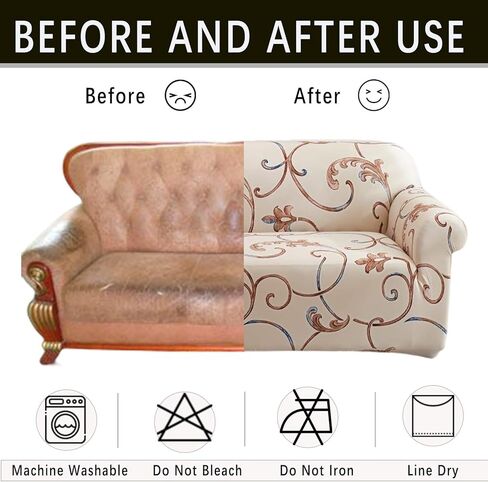 Qubjus Stretch Sofa Cover Printed Couch Cover Patterned with One Separate Cushion Cover Oversized for 4 Cushion Couches Sofas Washable Elastic Universal Furniture Protector(X-Large,Beige Flower) in Kuwait