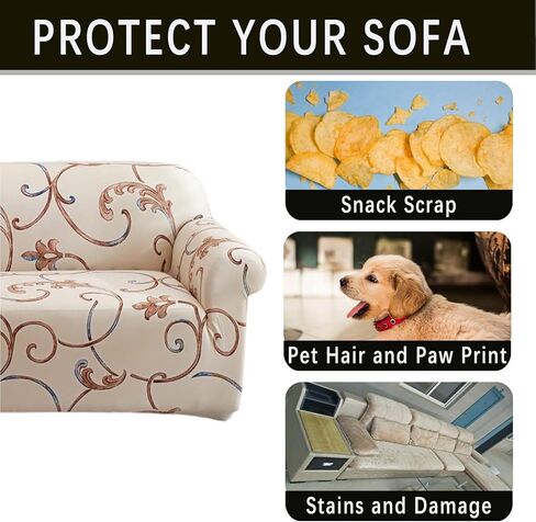 Qubjus Stretch Sofa Cover Printed Couch Cover Patterned with One Separate Cushion Cover Oversized for 4 Cushion Couches Sofas Washable Elastic Universal Furniture Protector(X-Large,Beige Flower) in Kuwait