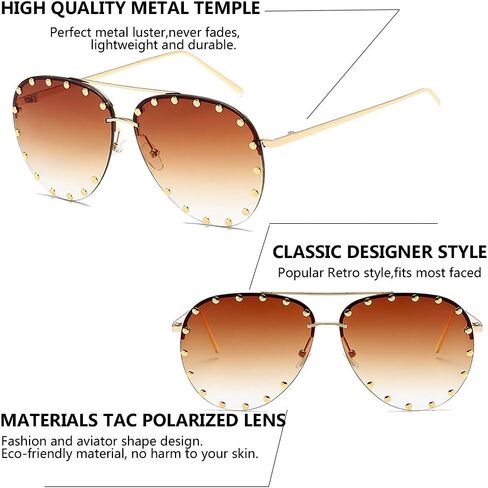 BVAGSS Women Rimless Oversized Studded Sunglasses Gradient Color Lens Rivet Fashion Lightweight Design WS027 in Saudi Arabia
