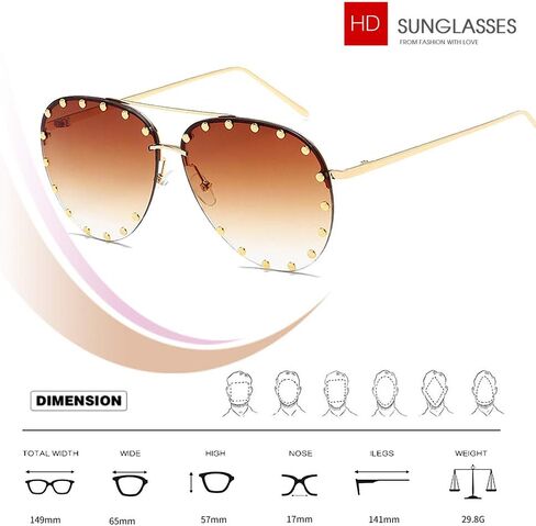 BVAGSS Women Rimless Oversized Studded Sunglasses Gradient Color Lens Rivet Fashion Lightweight Design WS027 in Saudi Arabia