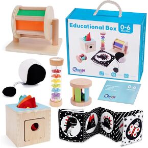 KMTJT Montessori Toys for Babies 0-6 Months | Learning Educational Wooden Sensory Toys for Baby Infant Newborn Toys 0-3-6 Months | Includes Tissue Box, Spinning Drum, Rainmaker and More
