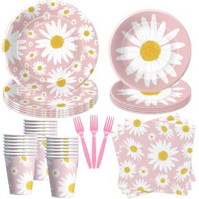 Daisy Birthday Party Decorations Tableware, Daisy Plates And Napkins Party Supplies, Plate, Cup, Napkin, Fork, Groovy Retro Daisy Baby In Bloom Baby Shower Decorations Dinnerware | Serve 24