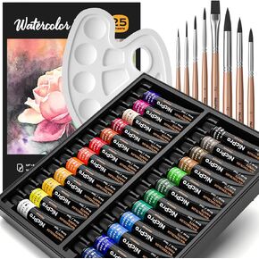 Nicpro Watercolor Paint Set for Adults, Kids, Beginner & Artists, 24 Tubes Water Color Paint Set with 25 Watercolor Paper, 8 Squirrel Paint Brushes, Palettes, Color Wheel, Art Painting Supplies
