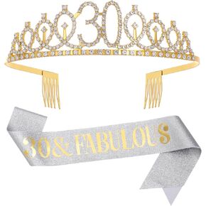 "30 & Fabulous"Sash & Rhinestone Tiara Set,Sliver Gold 30th Birthday Gifts for Women, Birthday Sash/Tiara for Women's 30th Birthday Party Decoration (Sliver 30th)