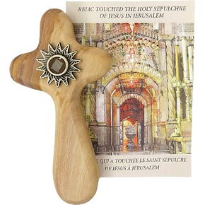 Needzo Olive Clinging Cross Handheld with Relic That Touched The Tomb of Jesus, Wooden Palm Crosses for Comfort and Prayer, Religious Keepsake Gift, 4 Inches