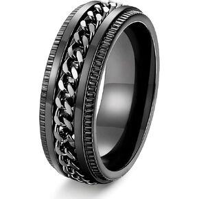 FIBO STEEL Stainless Steel 8mm Rings for Men Chain Rings Biker Grooved Edge,Spinner Ring with Chain Fidget Ring for Anxiety,Size 7-14…