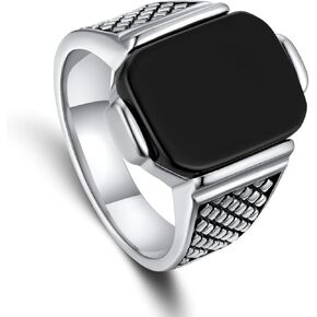 Mens Signet Ring Stainless Steel Silver Rings for Men Women,Emerald/Black Onyx/Ruby/Blue Gemstone Ring Wedding Ring Gift Package