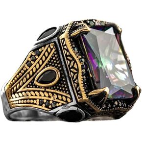 Adjustable Vintage Rectangle Colours Gemstone Cocktail Rings Luxury Crystal Zircon Personalized Statement Party Ring for Men Boy Fashion Jewelry Gifts Gold Silver Two Tone