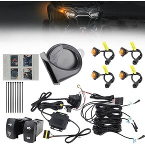 UTV ATV Turn Signal Kit, 110D Horn With Button,Universal Turn Signal With Turn Switch, LED Blinker Kit, Compatible With Polaris, Can-Am, Kawasaki, Arctic Cat, CFMOTO, Pionee （Amber）