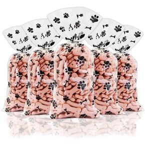 100 Pieces Pet Paw Bone Print Cellophane Bags, Dog Puppy Pet Gift Bags with Silver Twist Ties, Cellophane Treat Bags for Candy Cookie Chocolate Nuts Birthday Party Favor Goody Bags