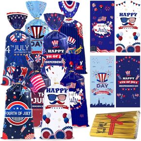 100pcs Patriotic Cellophane Treat Bags Independence Day 4th of July Candy Bags Plastic Red Blue USA Star Candy Gift Bag with 100 Golden Twist Ties for Veterans Memorial Day, American Memorial Day Party