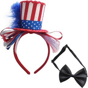 4th Of July Uncle Sam Headband Bow Tie Mini Top Hat Independence Day Feather Hair Band Headpiece Women American Flag Striped Hair Hoop Festival Party Decoration Cosplay Costume Cute Hair Accessories