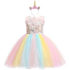 Girls Unicorn Outfits Princess Birthday Dress Kids Party Halloween Costume Pageant Christmas Tulle Dress w/Headband