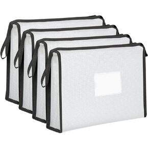 4 Pack A4 Plastic File Folder Poly Envelopes Expanding File Wallet Document Folders with Zipper and Label Pocket, A4 File Pouch Plastic Wallet Folders for Home, Office, School (Black)