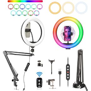 Overhead Ring Light Selfie Light w Phone Holder 38 Color Modes Dimmable/Speed w Remote Control f Video Recording Meeting Live Streaming Tiktok YouTube (Black 35cm Holder)