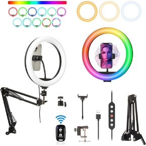 Overhead Ring Light Selfie Light w Phone Holder 38 Color Modes Dimmable/Speed w Remote Control f Video Recording Meeting Live Streaming Tiktok YouTube (Black 35cm Holder)