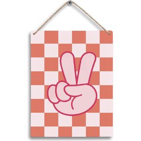 Black and White Checkered Peace Sign Hanging Wooden Signs 8x10, Black Preppy Checkerboard Decor for Home Girls Boys Room Dorm, Preppy Checkered Home Decor Gifts for Teen Girls Boys Women